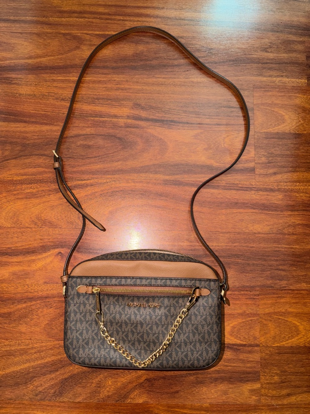 Michael Kors Brown Logo Crossbody with Gold Chain Accent